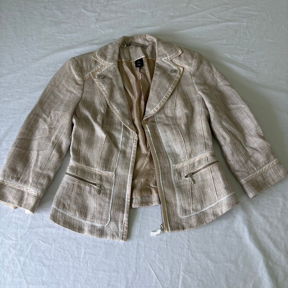 White House Black Market Beige Tweed Moto Jacket Zip Front Size‎ 00